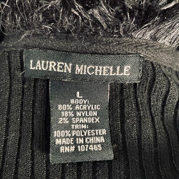Vintage Lauren Michelle Black Ribbed Knit Cardigan Faux Fur Size L Soft & Cozy - Picture 9 of 9